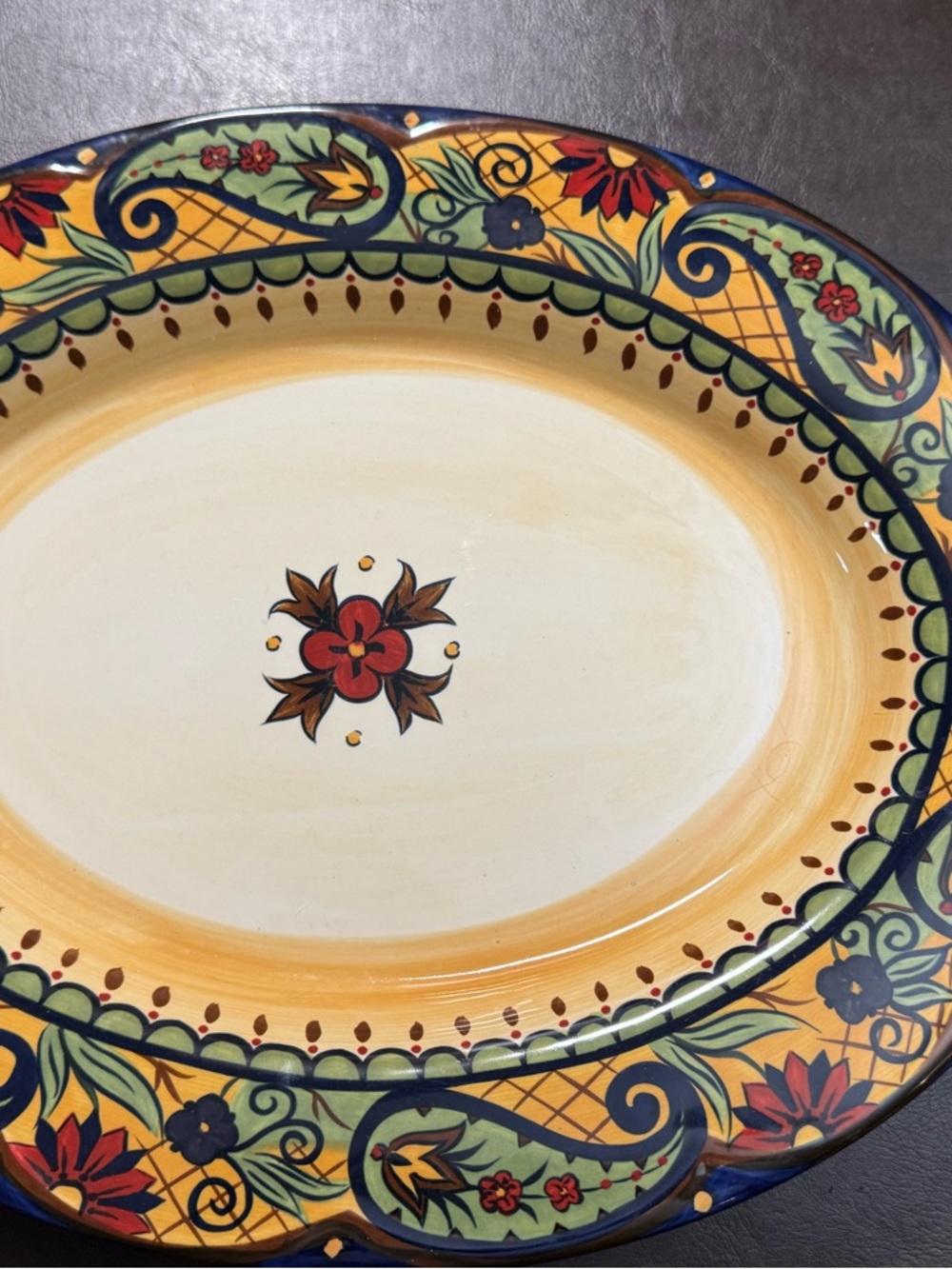 Decorative Hand-Painted Ceramic Serving Platter - Yellow, Green, Blue Floral